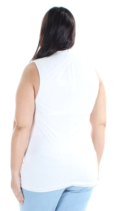 FAME AND PARTNERS Womens White Gathered Sleeveless Jewel Neck Top