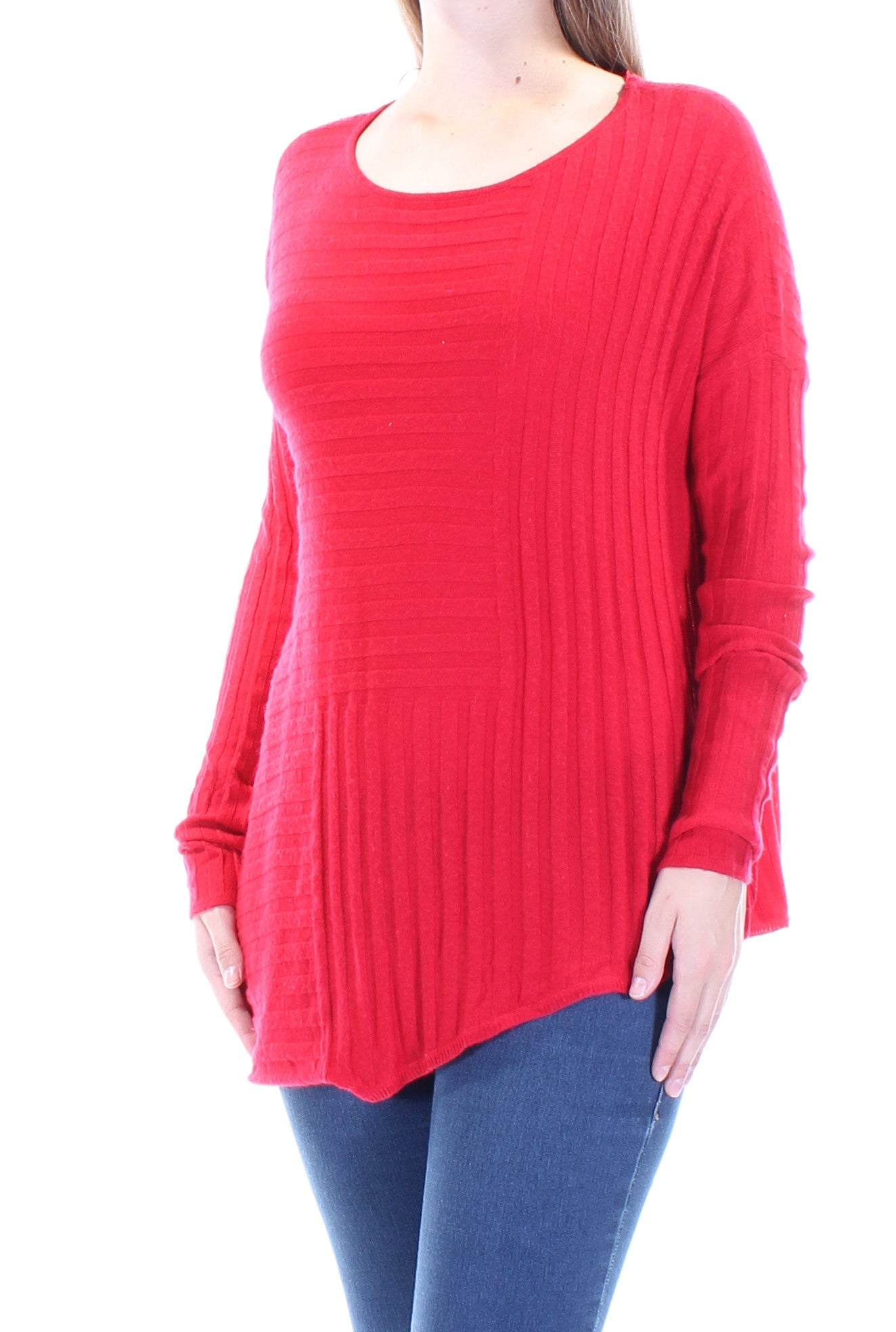 INC Womens Red Asymmetrical Long Sleeve Jewel Neck Top