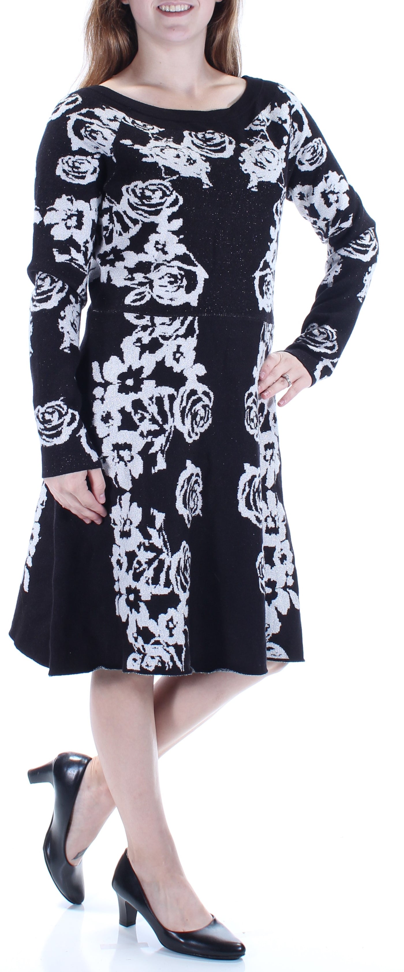 INC Womens Black Floral Long Sleeve Jewel Neck Above The Knee A-Line Dress