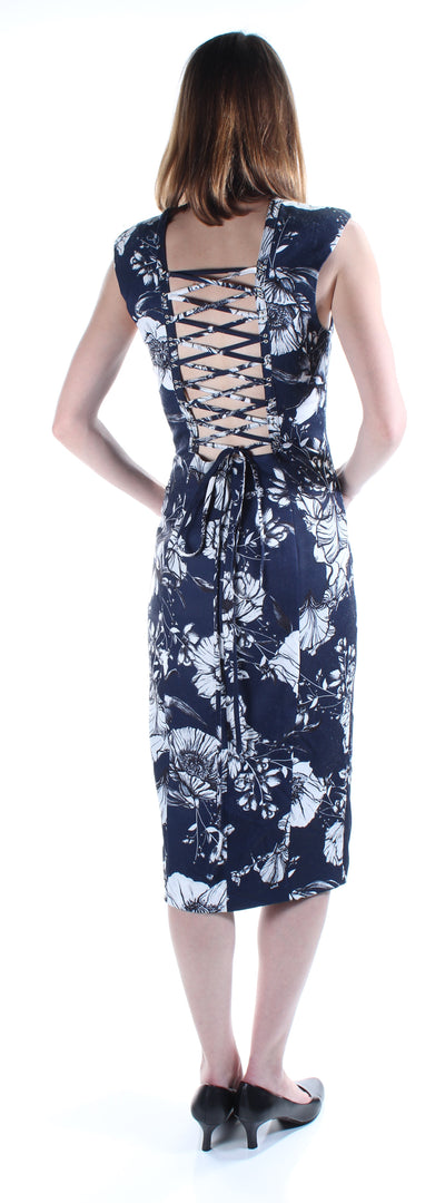 FAME AND PARTNERS Womens Navy Slitted Floral Cap Sleeve V Neck Below The Knee Sheath Dress