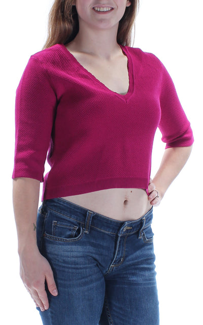 RACHEL RACHEL ROY Womens Pink Textured Short Sleeve V Neck Crop Top
