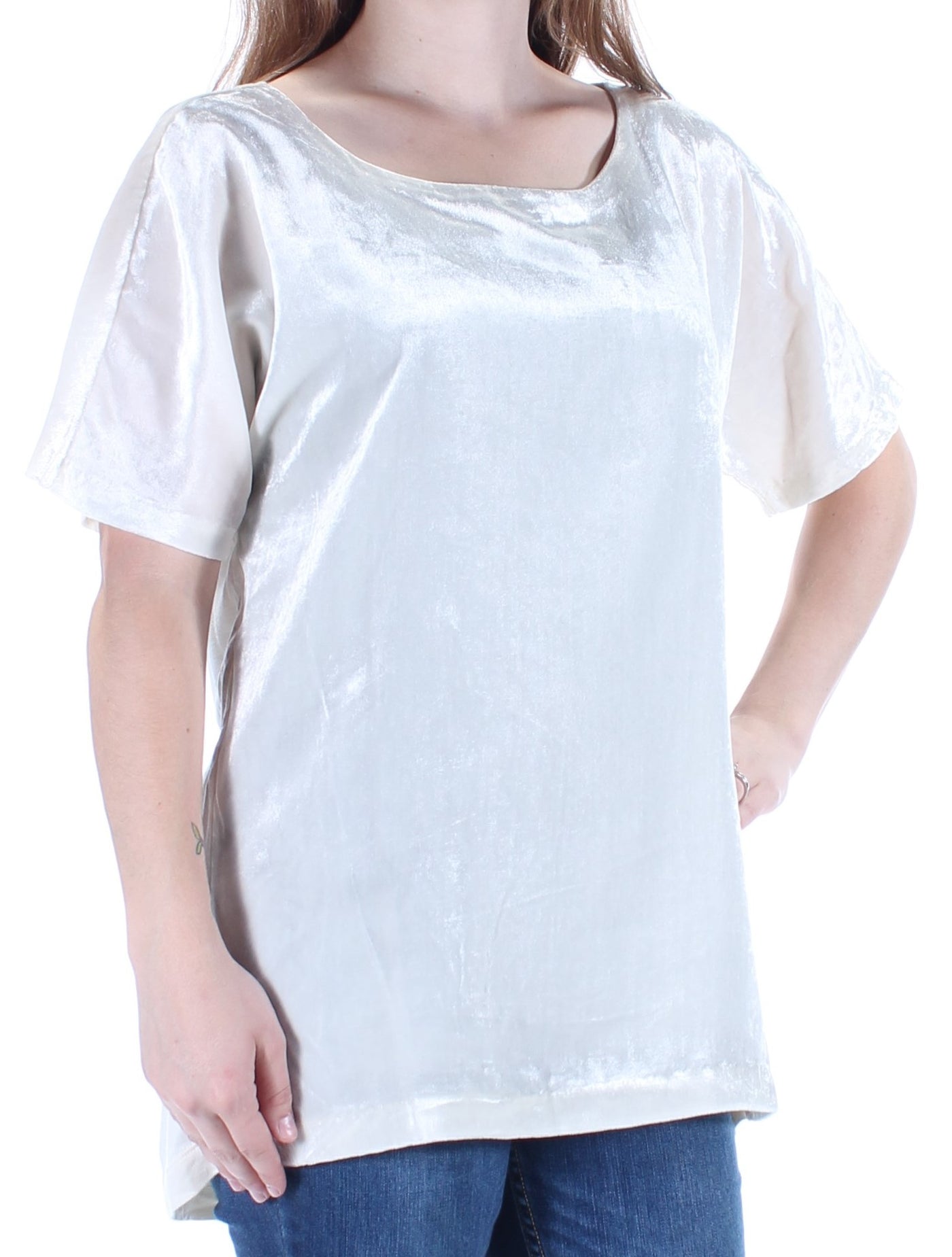 LUCKY BRAND Womens Velvet Short Sleeve Jewel Neck Top