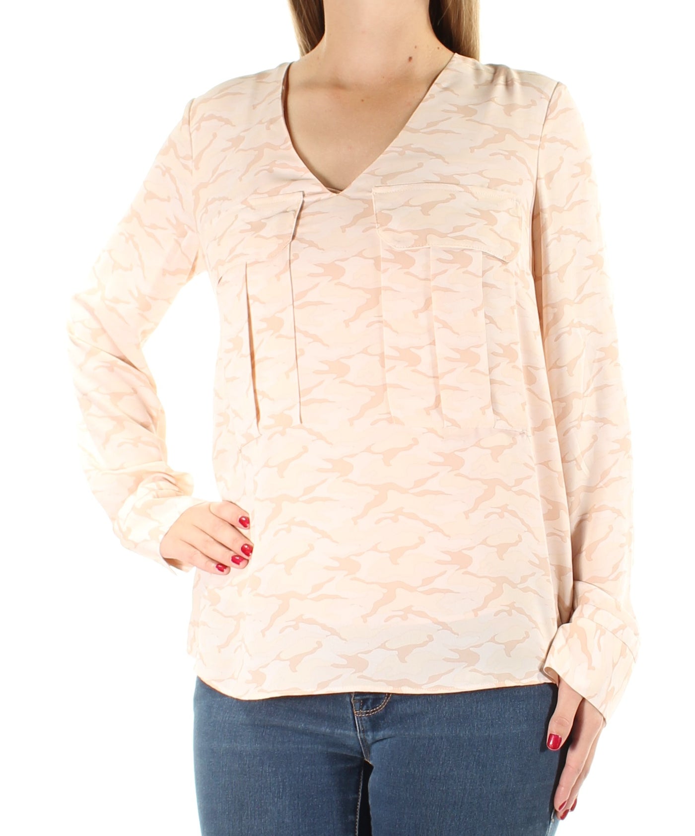 RACHEL ROY Womens Pink Pocketed Cuffed Sleeve V Neck Top