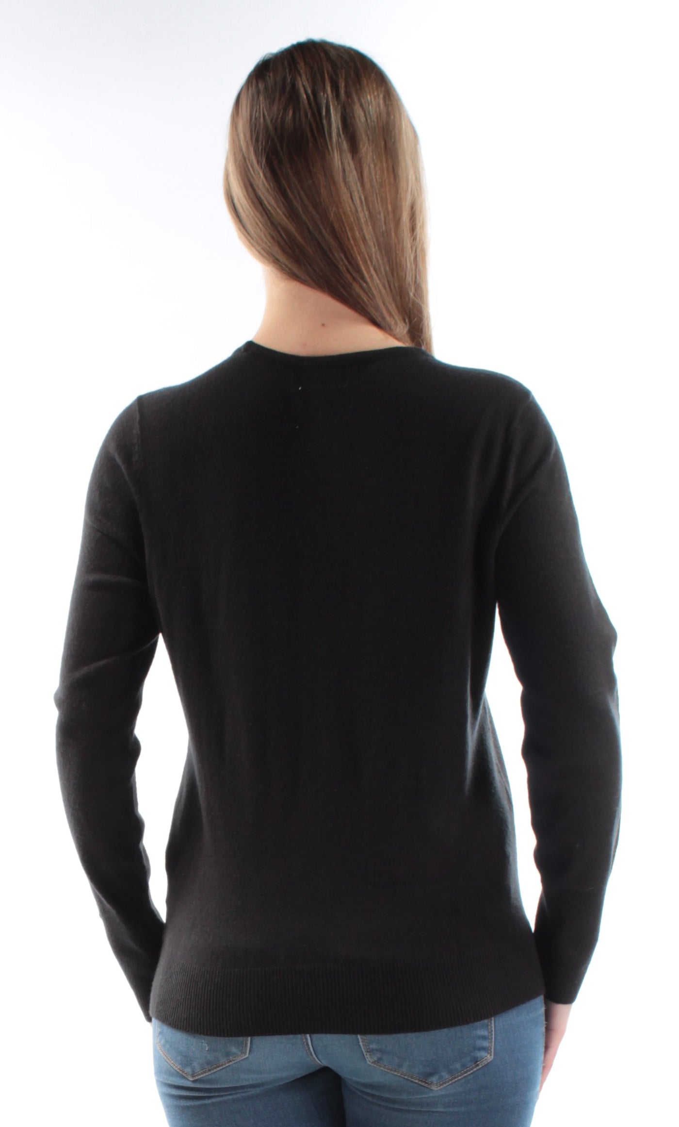 INC PETITE Womens Black Long Sleeve Jewel Neck Sweater