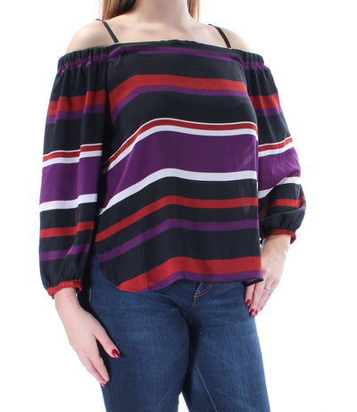 INC Womens Black Striped Long Sleeve Off Shoulder Top