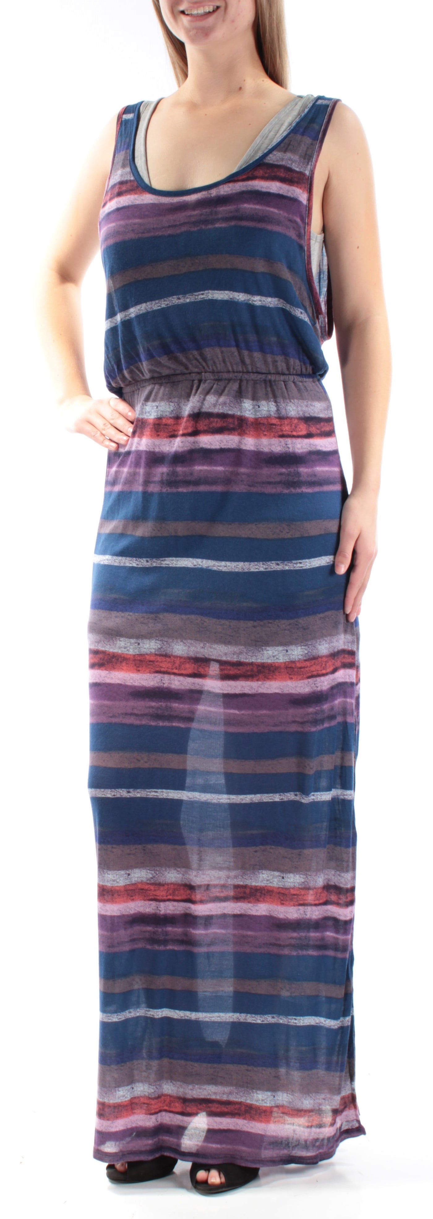 CHELSEA SKY Womens Slitted Striped Sleeveless V Neck Maxi Dress