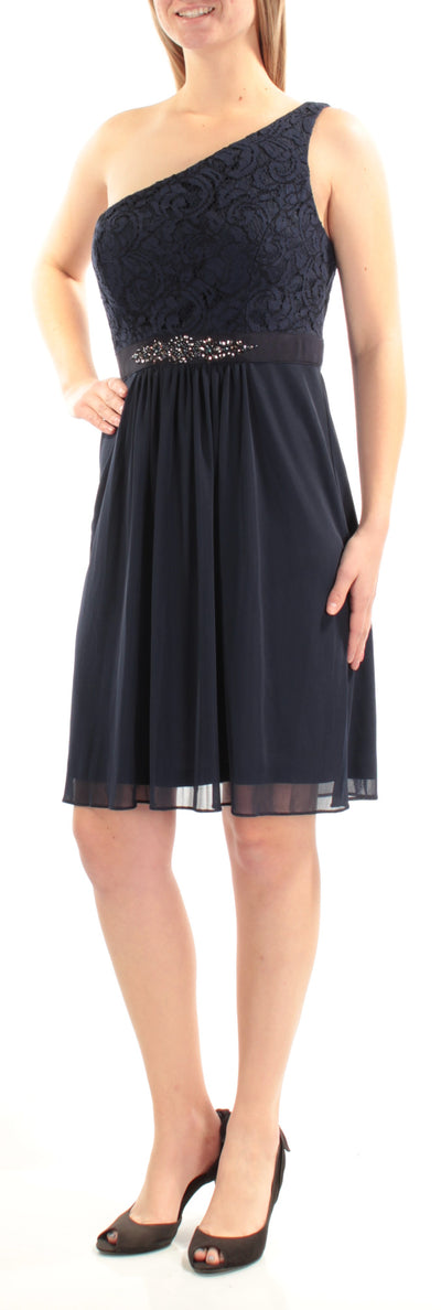 ADRIANNA PAPELL Womens Beaded Sleeveless Asymmetrical Neckline Above The Knee Formal Fit + Flare Dress