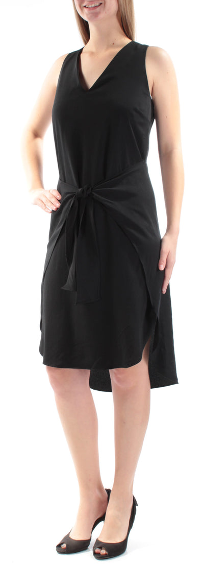 BAR III Womens Black Tie Sleeveless V Neck Below The Knee Hi-Lo Dress