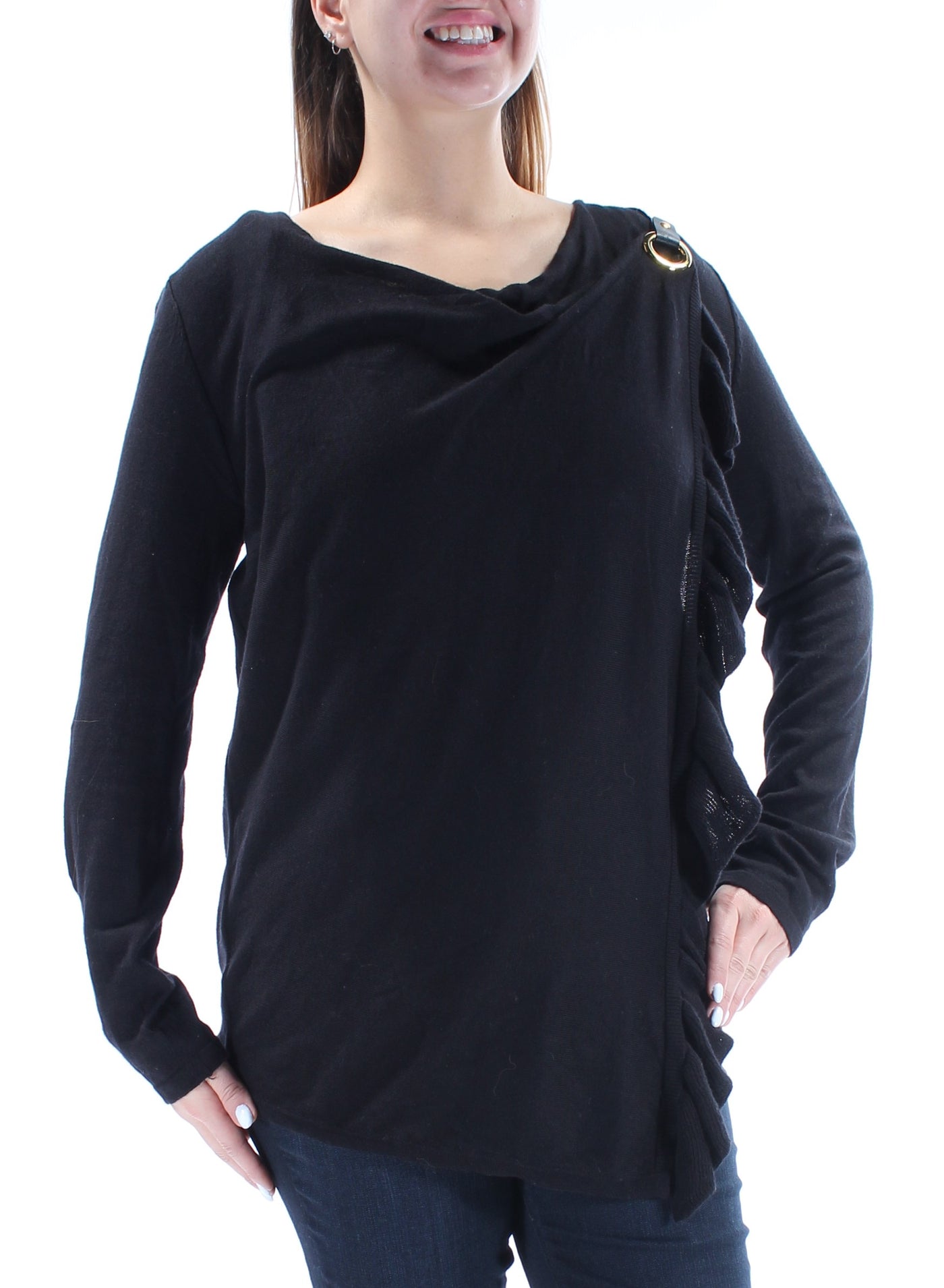 INC Womens Black Drape Neck Long Sleeve Cowl Neck Wrap Dress Faux Wrap Sweater