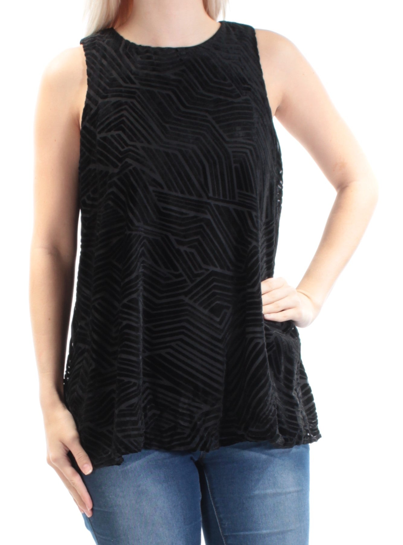 ALFANI Womens Black Velvet Geometric Sleeveless Jewel Neck Vest Top