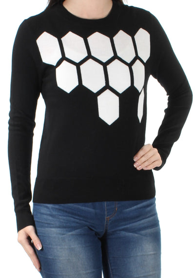 TRINA TURK Womens Black Geometric Long Sleeve Jewel Neck Sweater