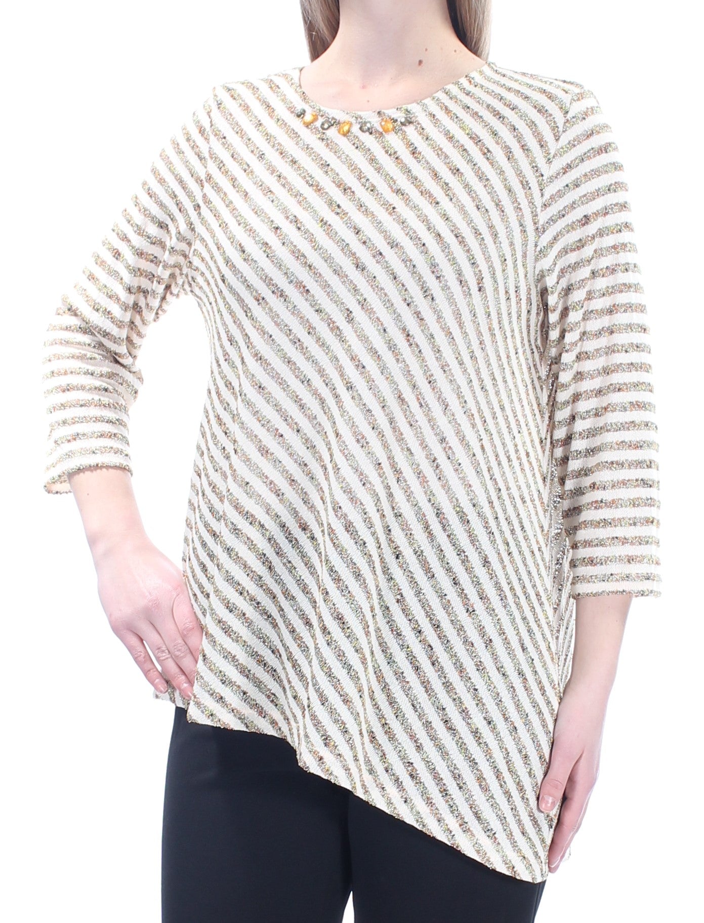 ALFRED DUNNER Womens Beige Beaded Sheer Striped 3/4 Sleeve Jewel Neck Wear To Work Top