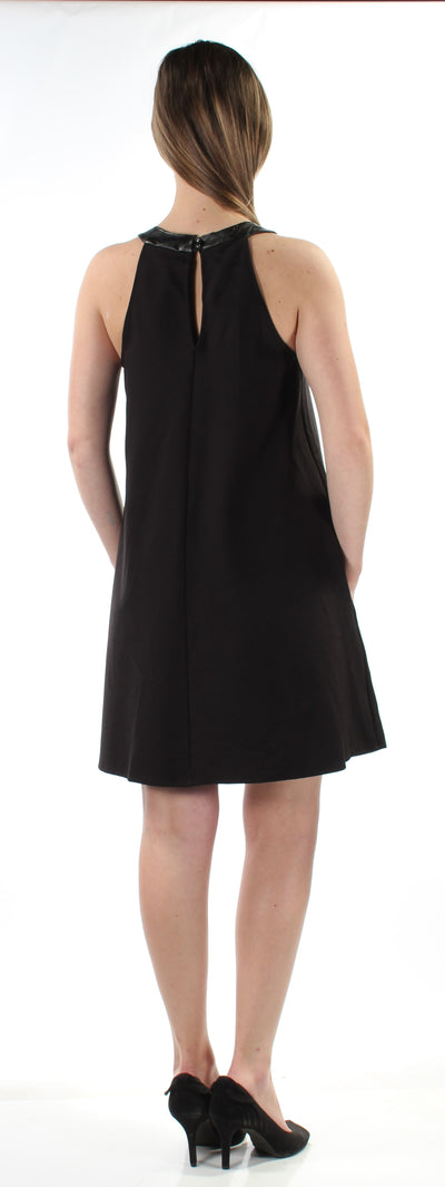 CHARTER CLUB Womens Black Faux Leather Sleeveless Keyhole Above The Knee Cocktail Dress