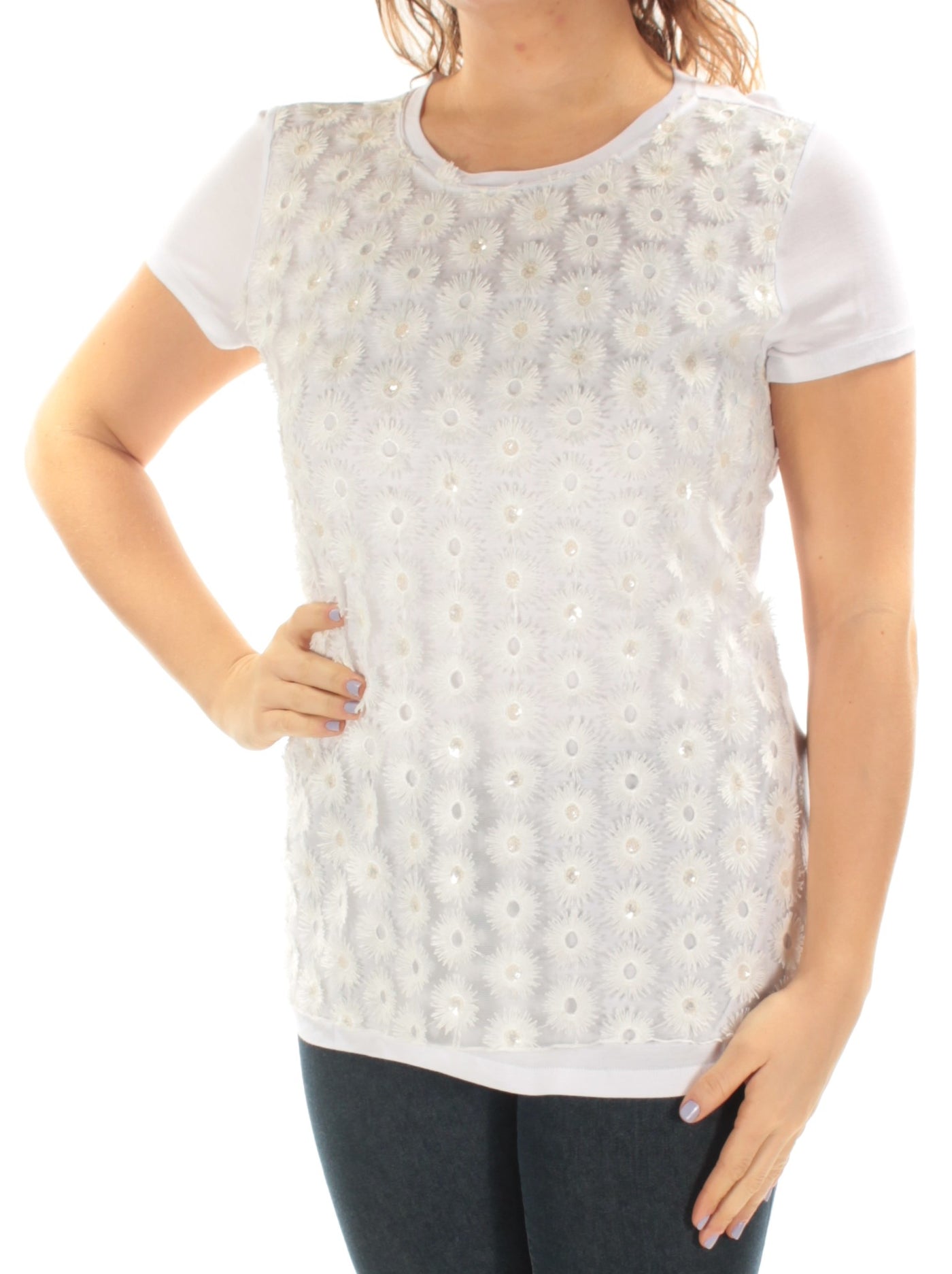 INC Womens White Daisy Short Sleeve Jewel Neck Top