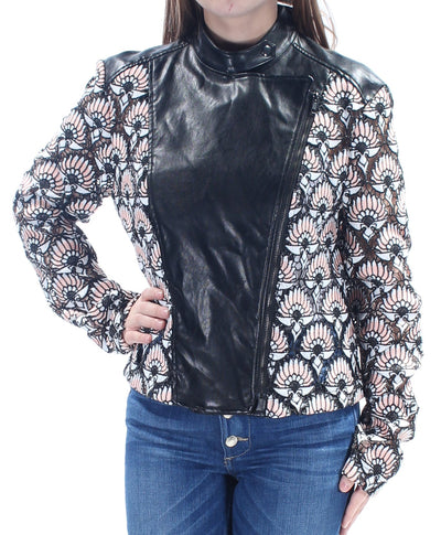 YYIGAL Womens Pink Faux Leather  Trim Floral Motorcycle Jacket