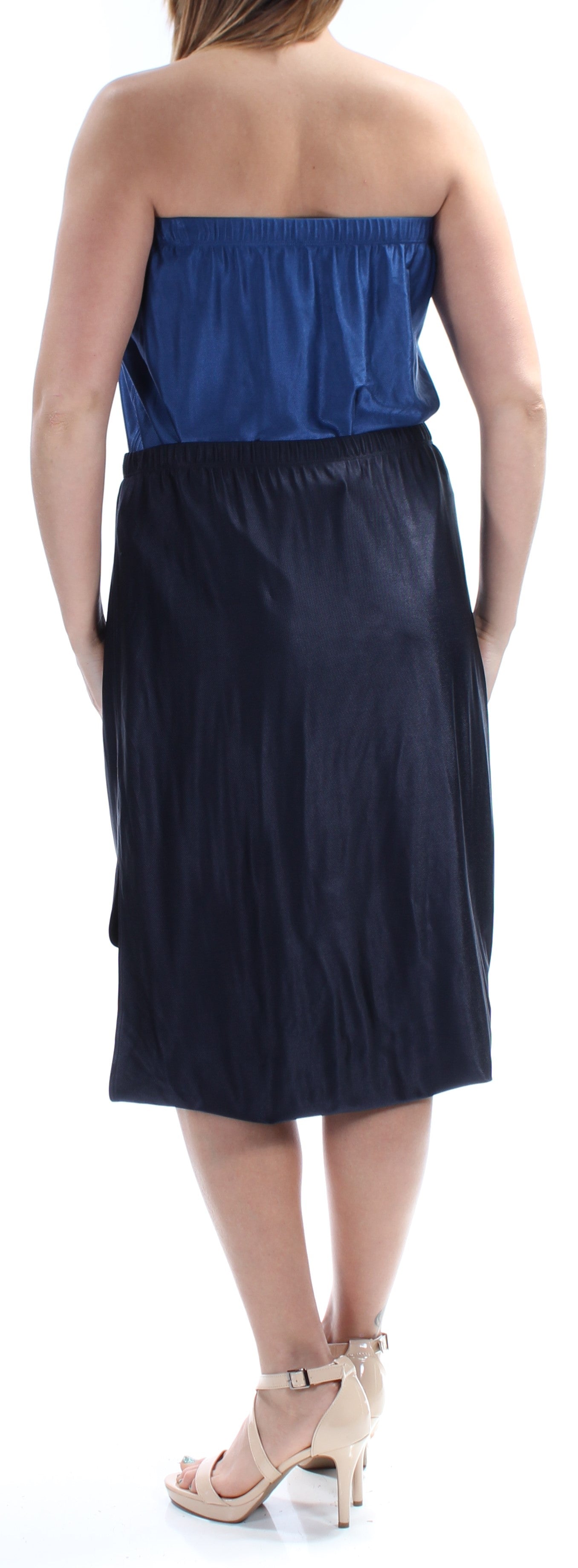 DKNY Womens Blue Color Block Sleeveless Strapless Below The Knee Hi-Lo Dress