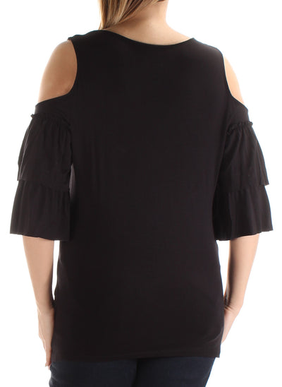 INC Womens Black Pleated Cut Out Short Sleeve Jewel Neck Top