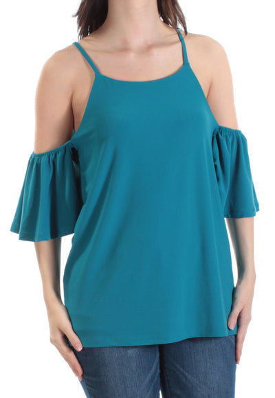 INC Womens Teal Ruffled Cut Out Short Sleeve Jewel Neck Top