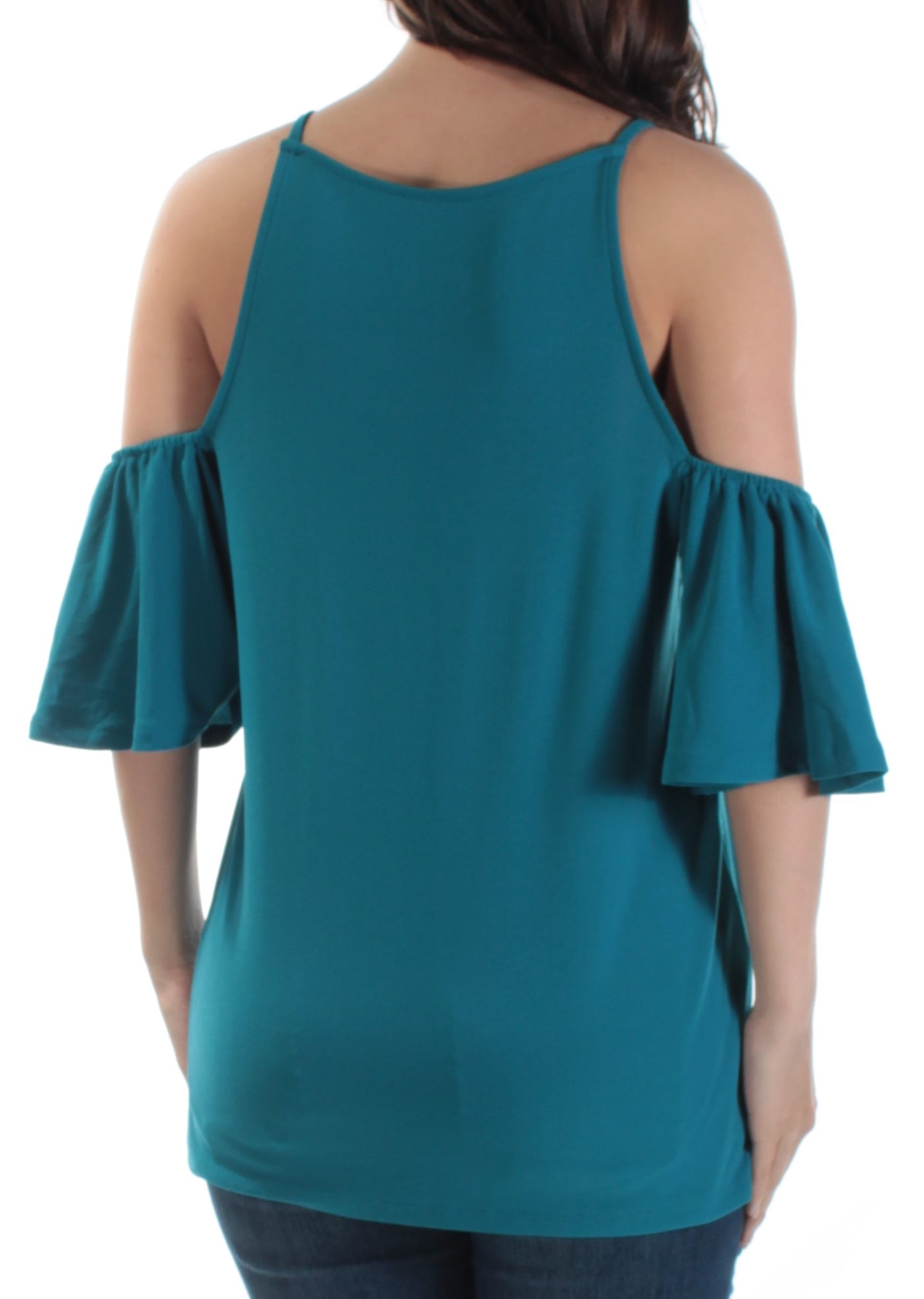 INC Womens Teal Ruffled Cut Out Short Sleeve Jewel Neck Top
