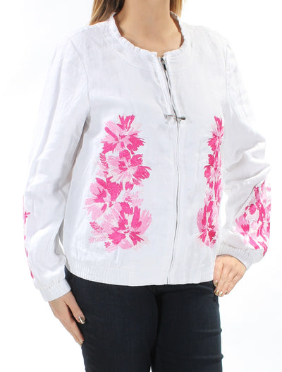 INC Womens Pink Embroidered Floral Zip Neck Zip Up Jacket