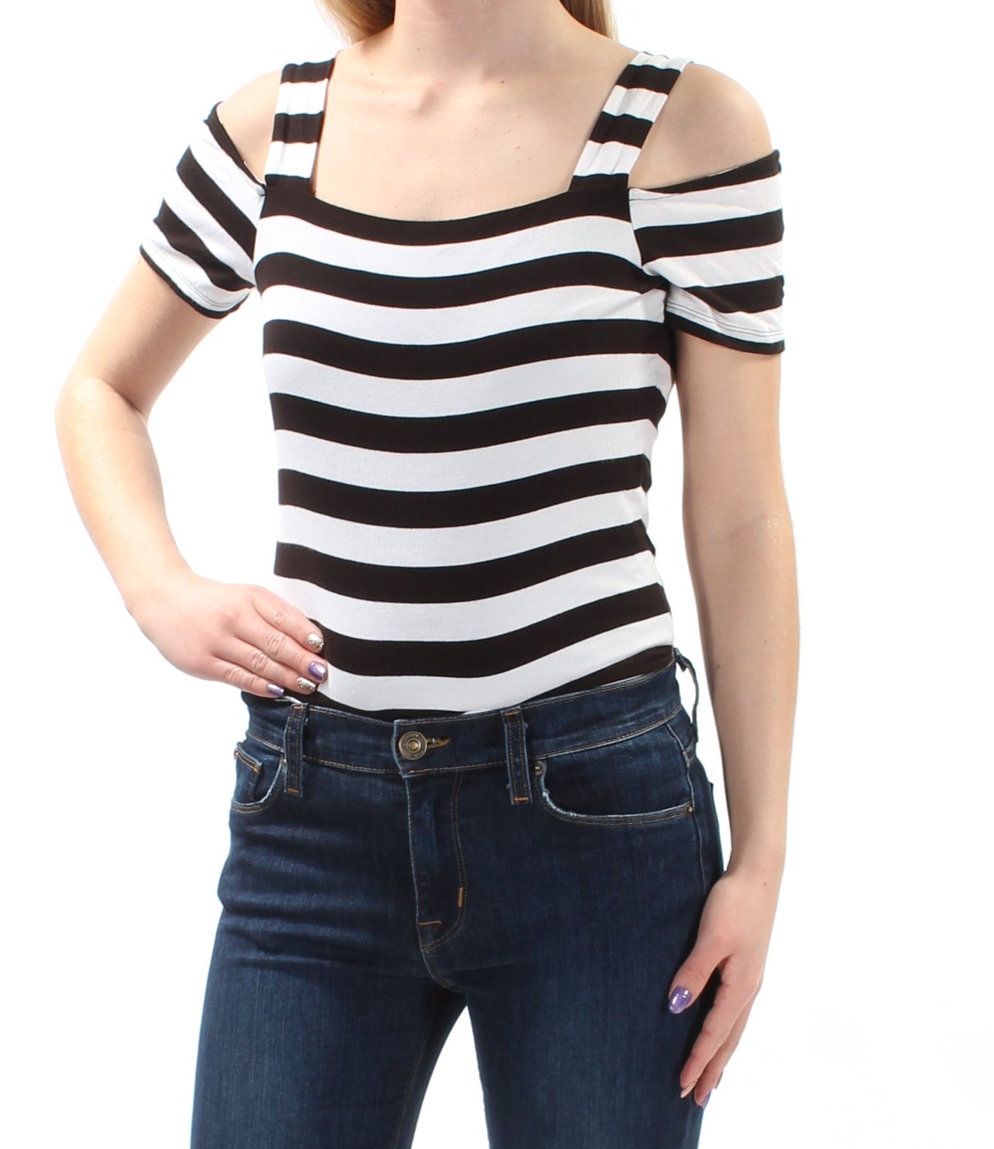 INC Womens Black Cut Out Striped Short Sleeve Square Neck Body Suit Top