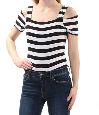 INC Womens Black Cut Out Striped Short Sleeve Square Neck Body Suit Top