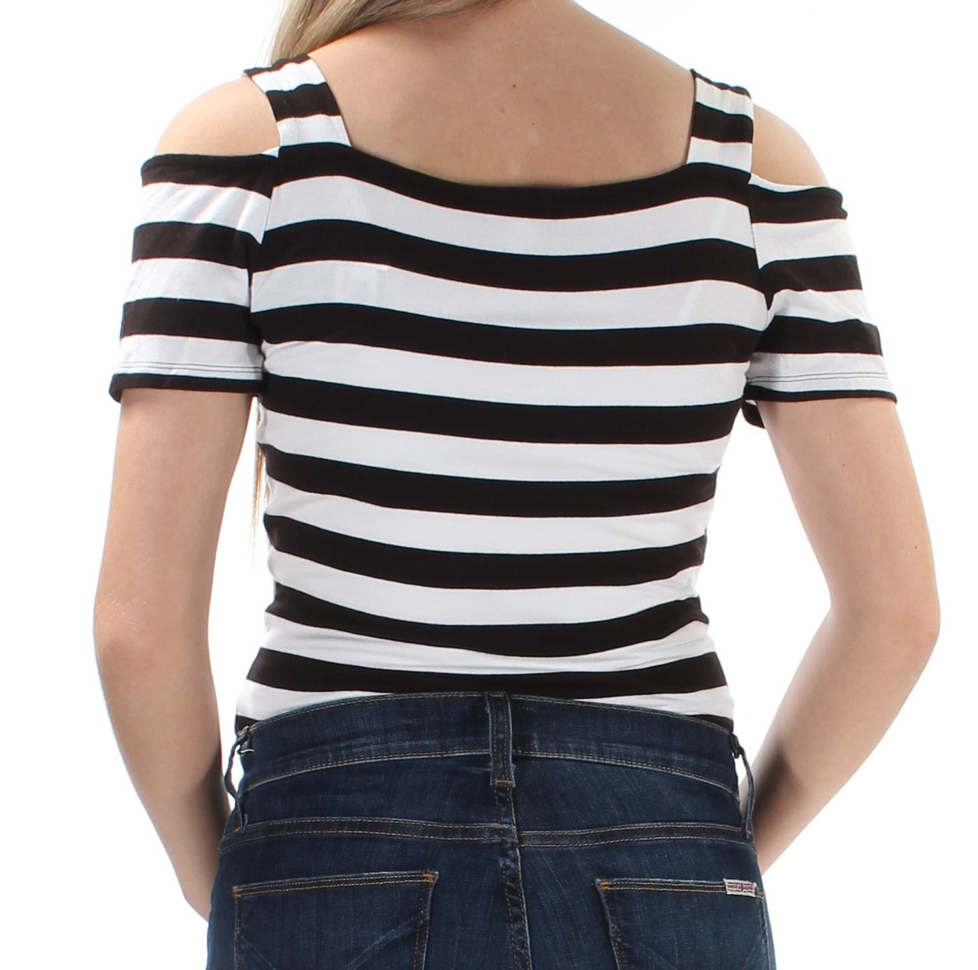 INC Womens Black Cut Out Striped Short Sleeve Square Neck Body Suit Top