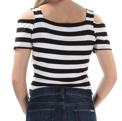 INC Womens Black Cut Out Striped Short Sleeve Square Neck Body Suit Top