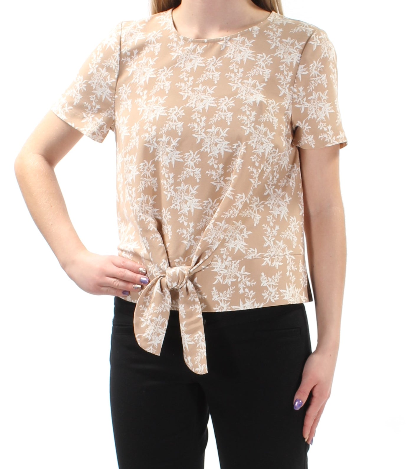 KENSIE Womens Beige Tie Floral Short Sleeve Jewel Neck Top