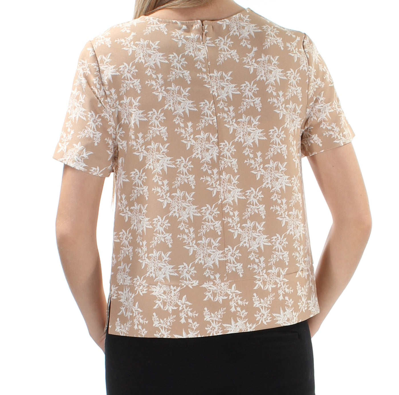 KENSIE Womens Beige Tie Floral Short Sleeve Jewel Neck Top