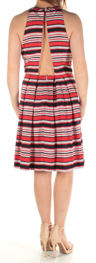 KENSIE Womens Red Striped Sleeveless Keyhole Knee Length Fit + Flare Dress