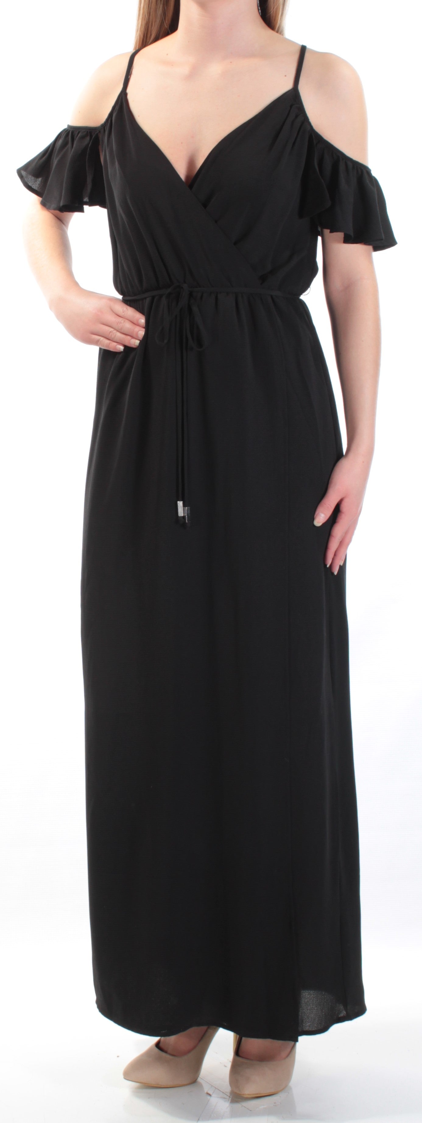 BAR III Womens Black Cut Out Bell Sleeve V Neck Maxi Faux Wrap Dress