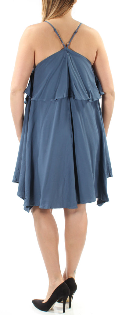 JACK Womens Blue Pleated Spaghetti Strap V Neck Knee Length Dress