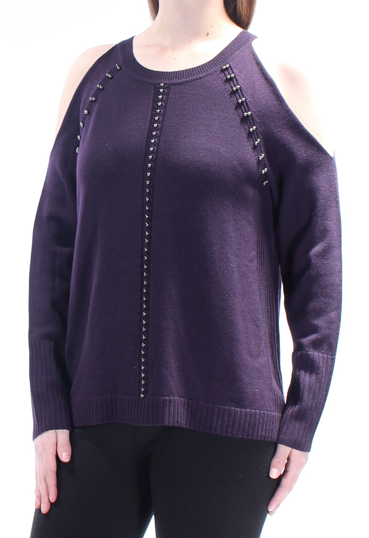 RAMY BROOK Womens Purple Cut Out  Beaded Long Sleeve Jewel Neck Sweater