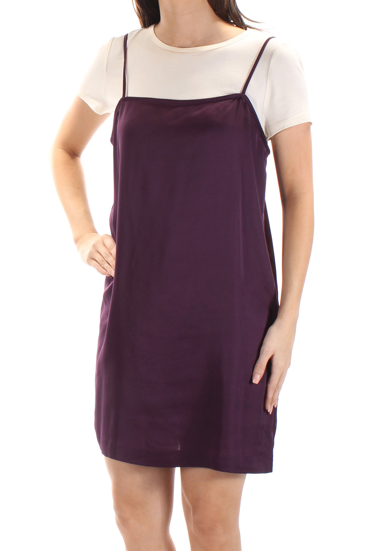 KENSIE Womens Purple Layered-look Slip Short Sleeve Jewel Neck Above The Knee Shift Dress