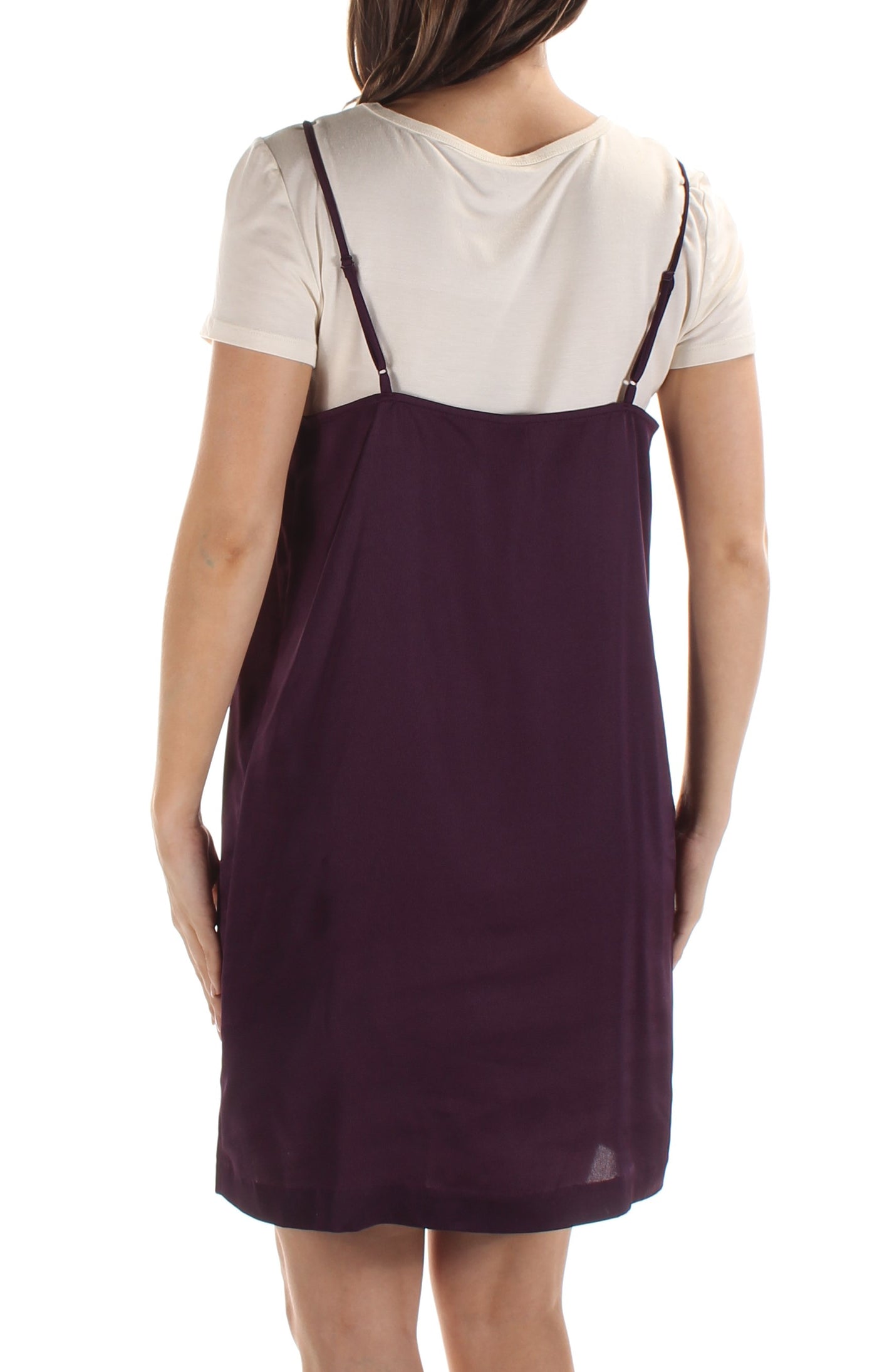 KENSIE Womens Purple Layered-look Slip Short Sleeve Jewel Neck Above The Knee Shift Dress