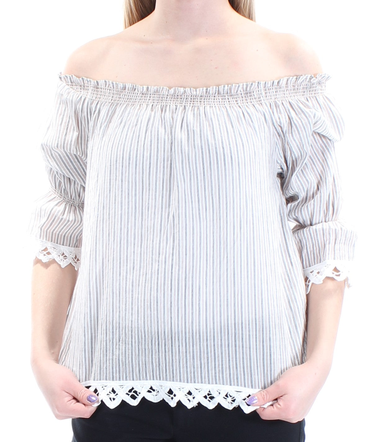 MAX STUDIO Womens Beige Lace Sheer Striped 3/4 Sleeve Off Shoulder Peasant Top