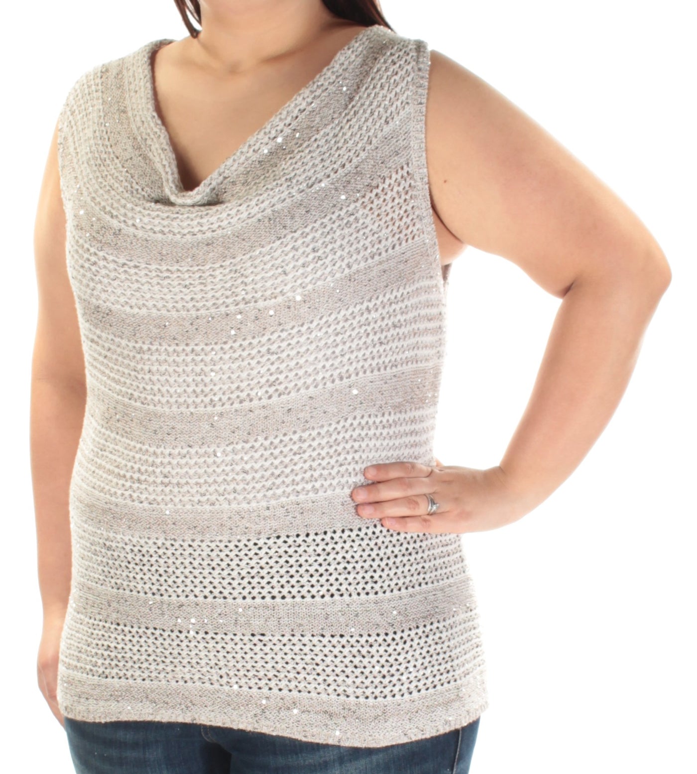 INC Womens Beige Sequined Sleeveless Cowl Neck Top