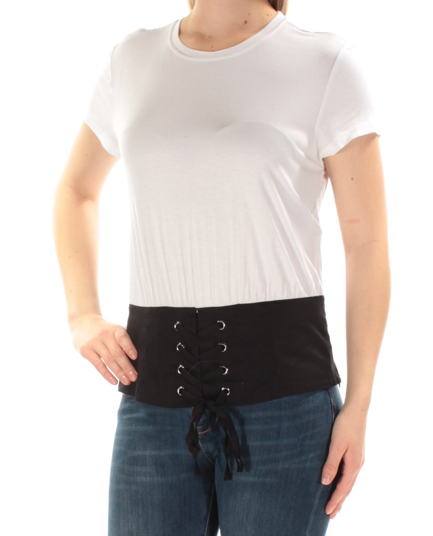 INC Womens Black Tie Color Block Short Sleeve Jewel Neck T-Shirt