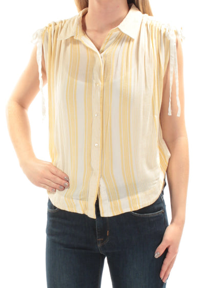 FREE PEOPLE Womens Yellow Tie Striped Sleeveless Collared Button Up Top