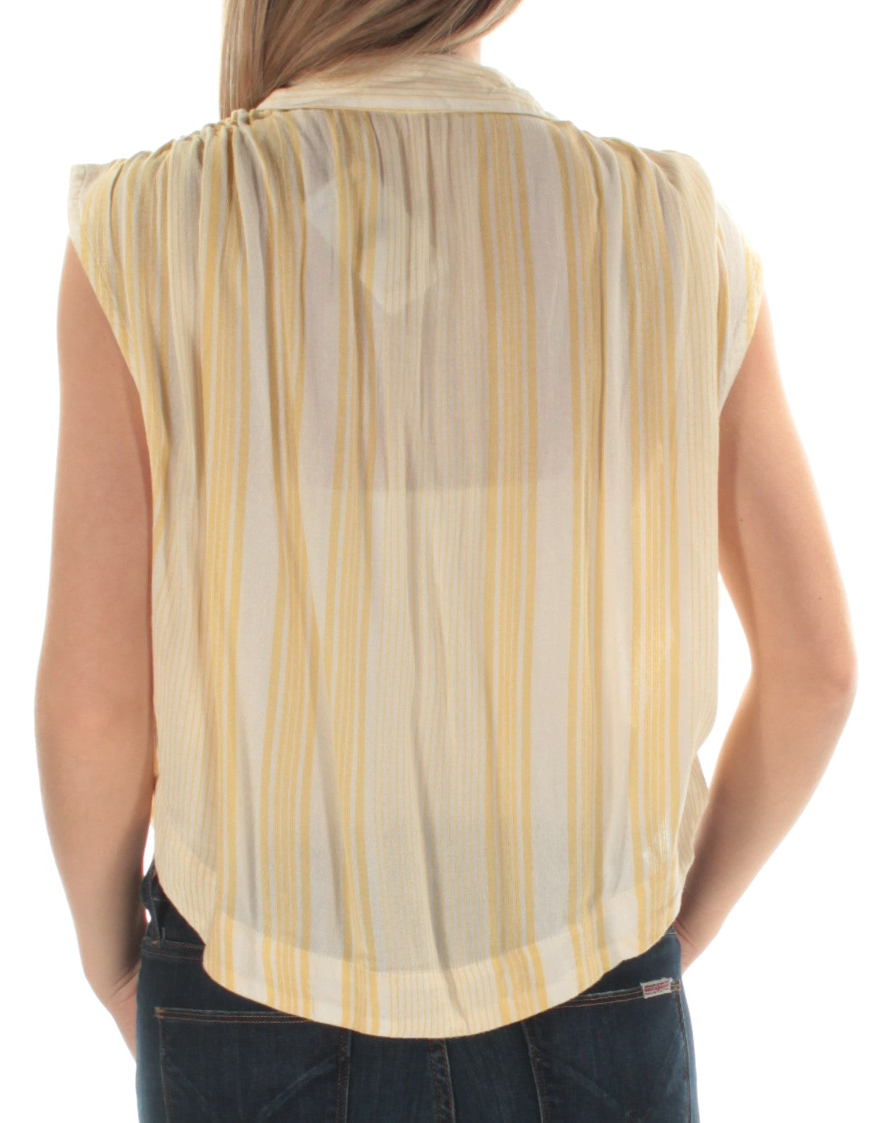 FREE PEOPLE Womens Yellow Tie Striped Sleeveless Collared Button Up Top