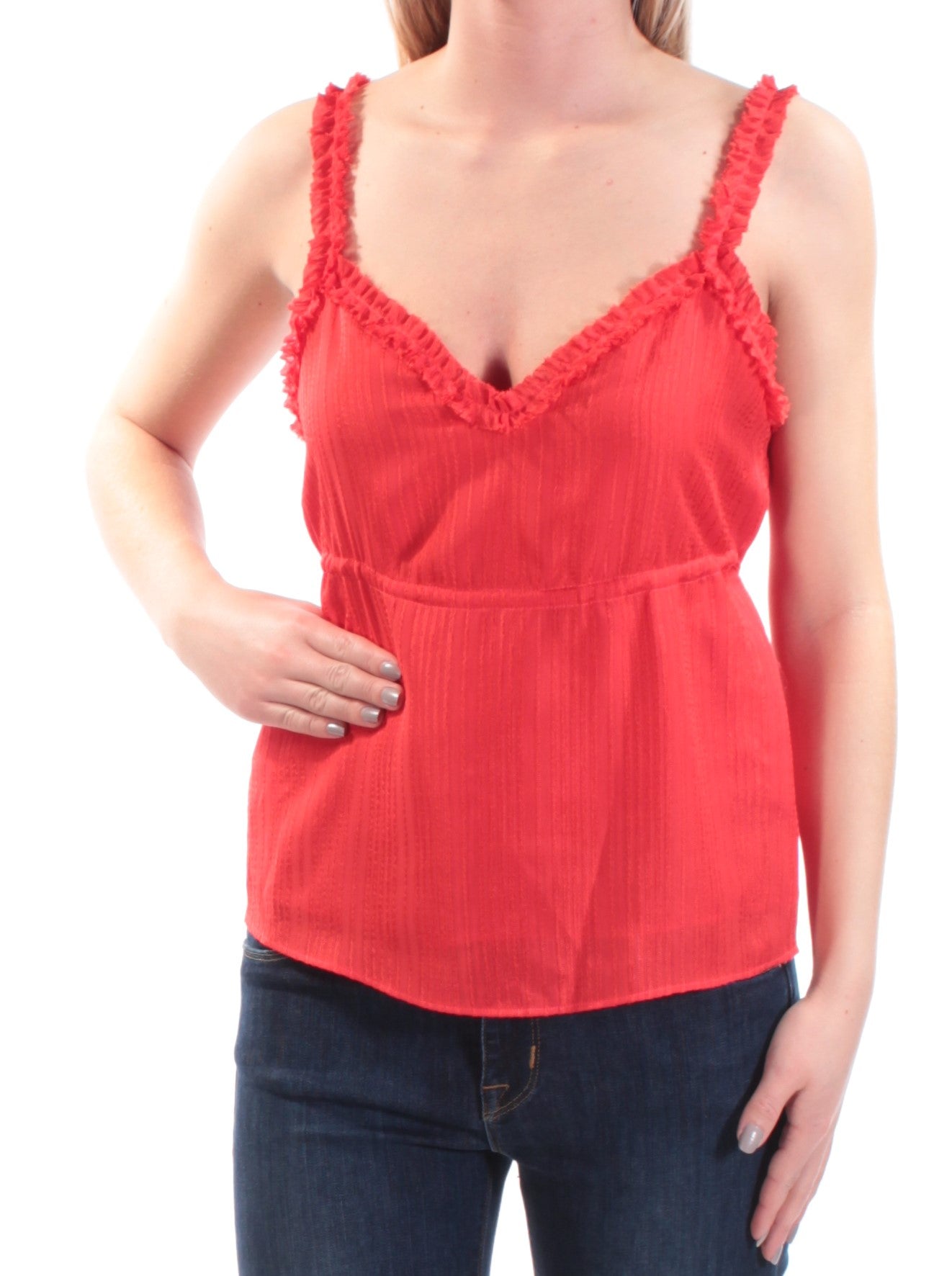 GUESS Womens Red Tie Textured Sleeveless V Neck Top