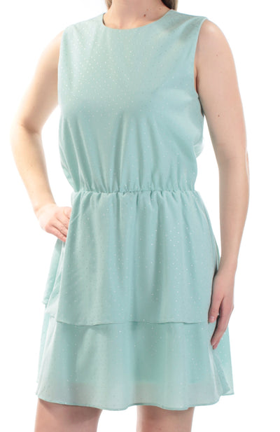 CR BY CYNTHIA ROWLEY Womens Aqua Polka Dot Sleeveless Crew Neck Above The Knee Fit + Flare Dress