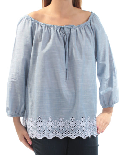 NYDJ Womens Blue Eyelet Embroidered Long Sleeve Off Shoulder Blouse