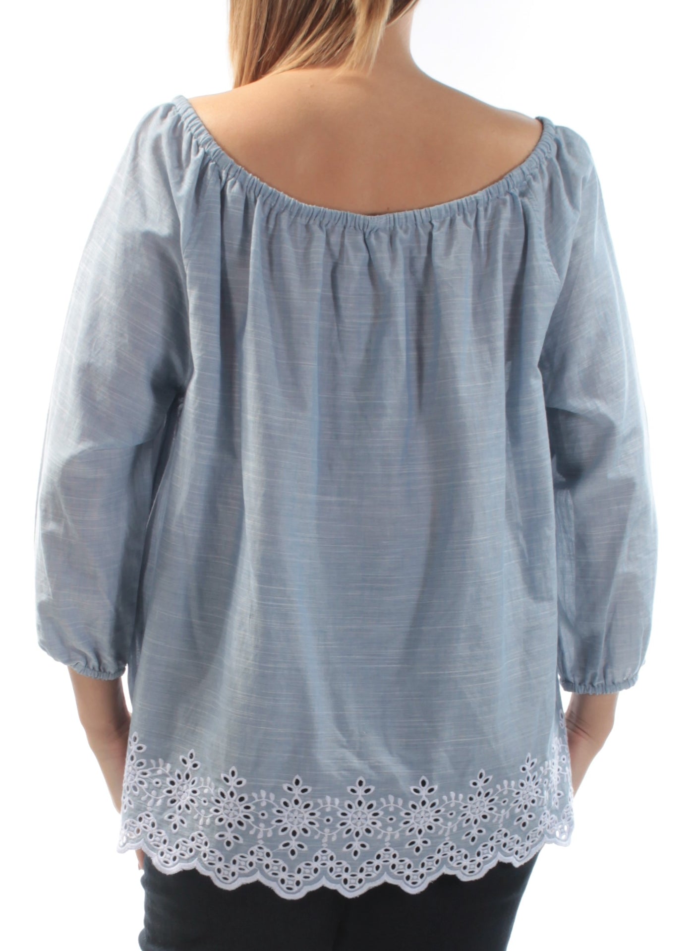 NYDJ Womens Blue Eyelet Embroidered Long Sleeve Off Shoulder Blouse