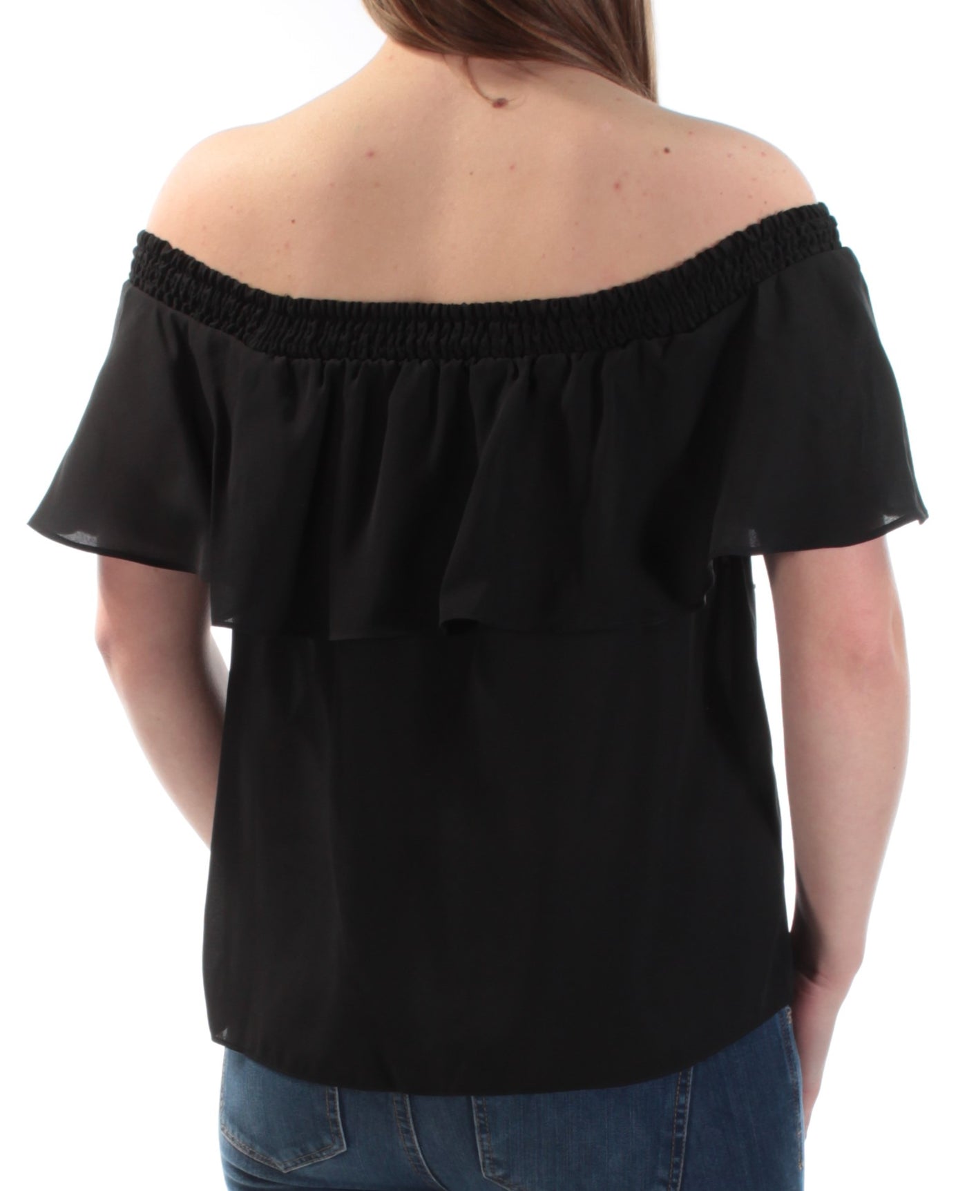 INC Womens Black Ruffled Short Sleeve Off Shoulder Top