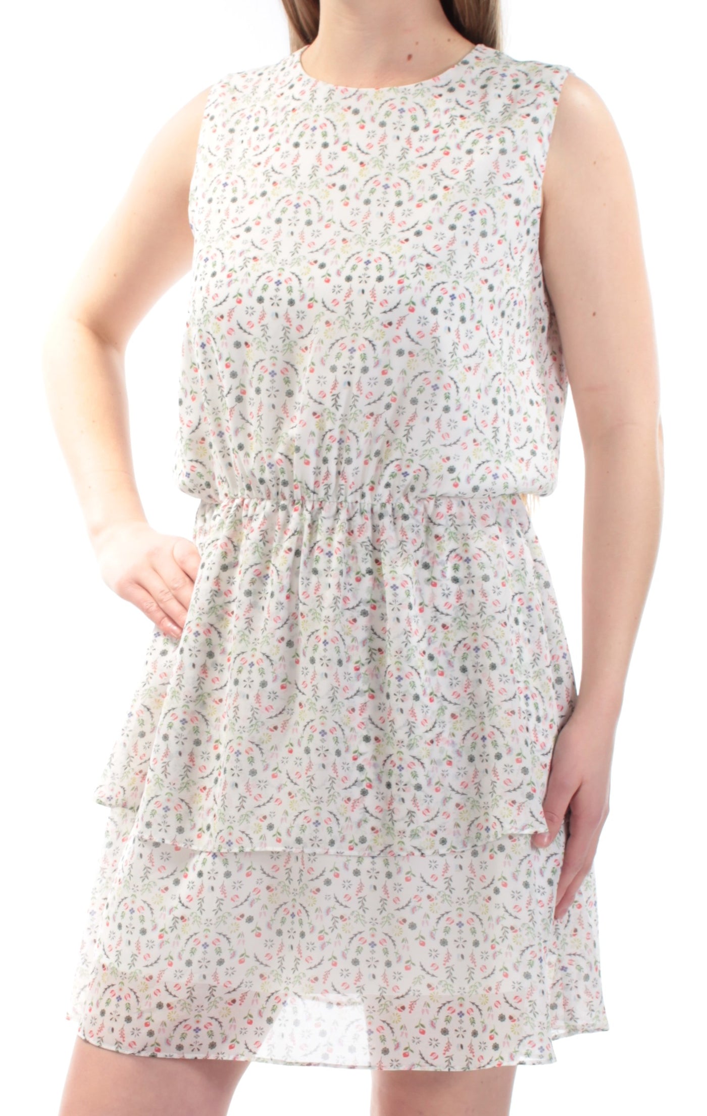 CYNTHIA ROWLEY Womens Floral Sleeveless Jewel Neck Above The Knee Layered Dress