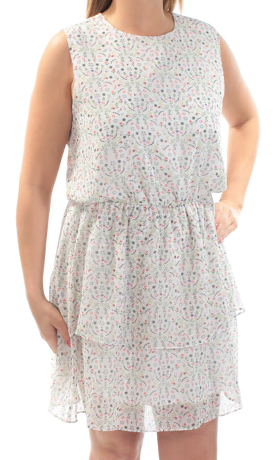 CYNTHIA ROWLEY Womens White Floral Sleeveless Jewel Neck Above The Knee Fit + Flare Dress