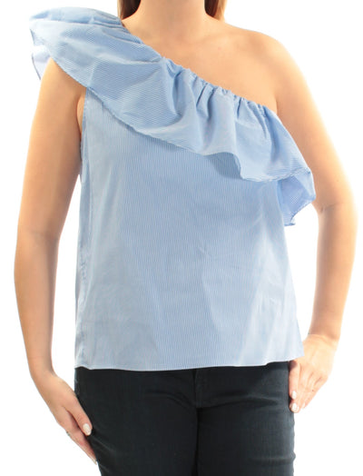 1. STATE Womens Blue Striped Asymmetrical Neckline Top