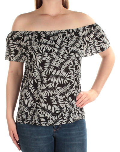 1. STATE Womens Black Leaves Short Sleeve Off Shoulder Top